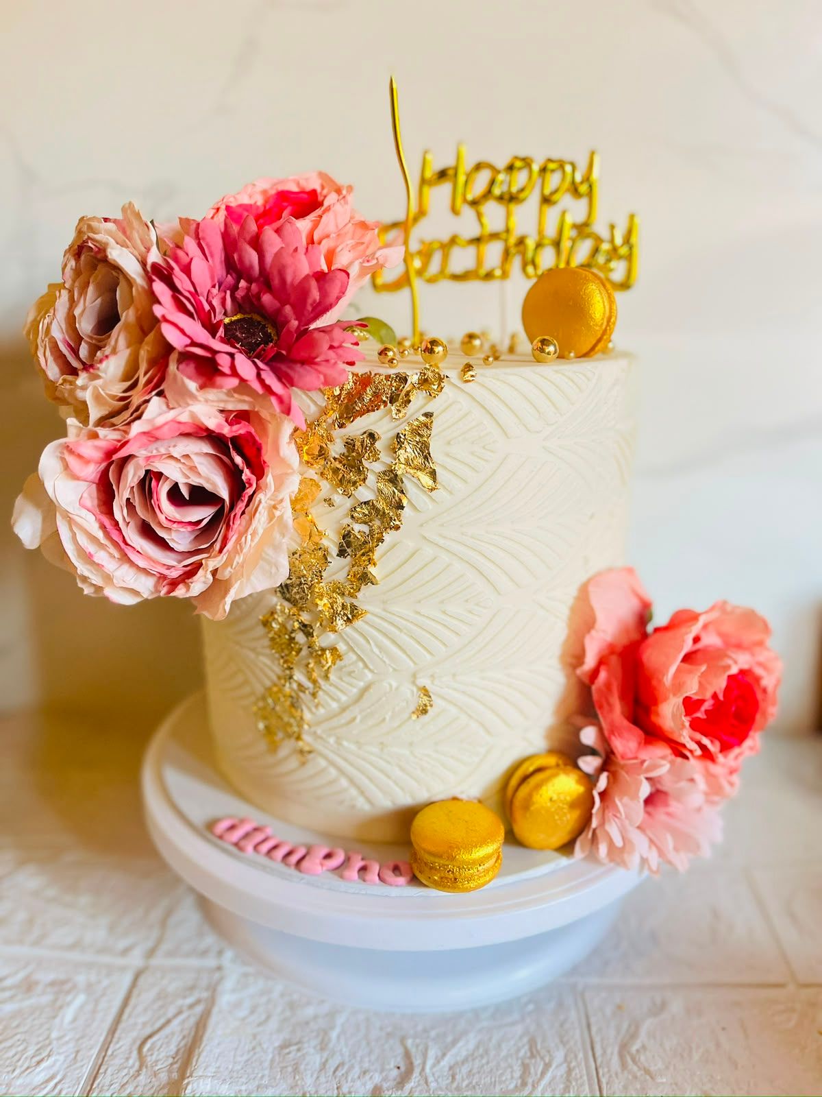 Pink Peony Gold Cake by Baked by Buhlebenkosi