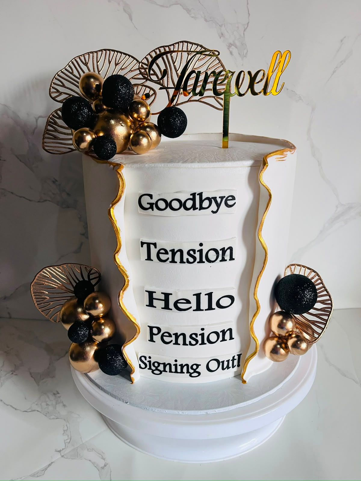 Gold Retirement Farewell Cake by Baked by Buhlebenkosi