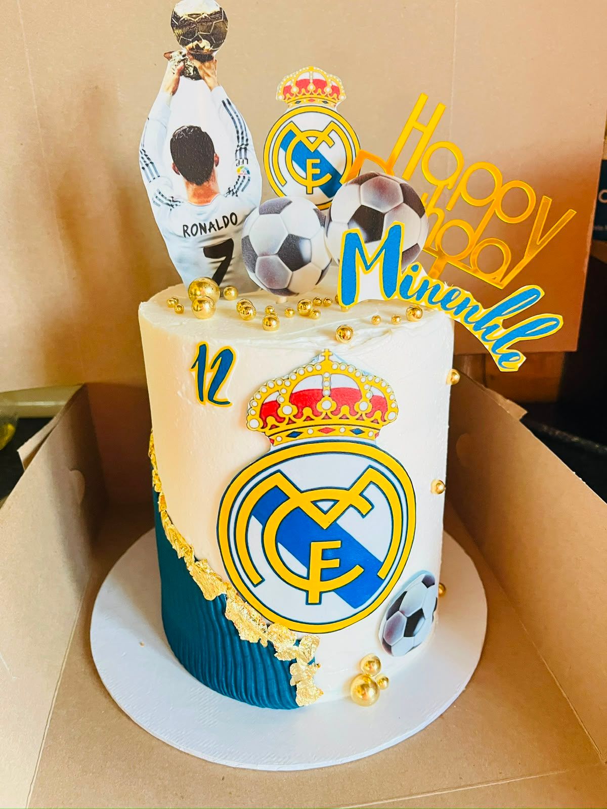 A Real Madrid football-themed birthday cake